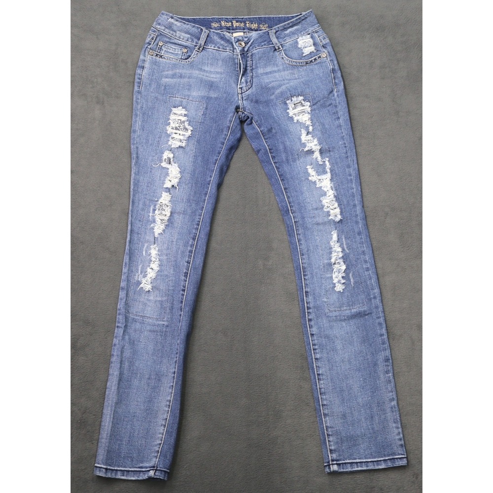 Nine Point Eight Womens Distressed Slim Jeans Medium Wash Blue Skull Size 7